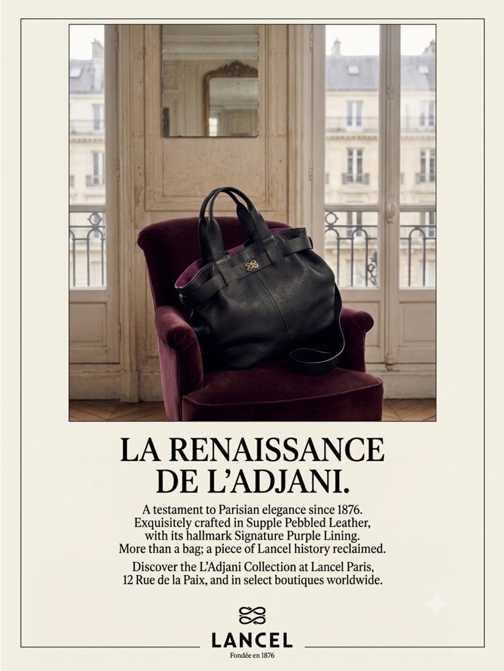 Lancel Paris L'Adjani Pebbled Leather Tote - Black with Signature Purple Lining